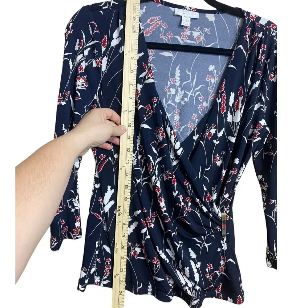 Charter Club navy blue floral wrap style 3/4 sleeve blouse - Medium Petite - Picture 8 of 8